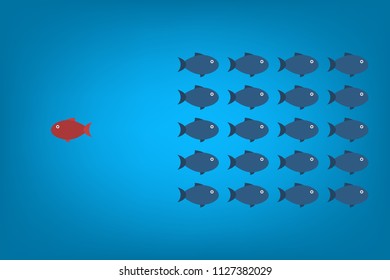 Think differently concept. One red unique different fish swimming opposite way of identical blue ones. Courage, confidence, success, crowd and creativity concept. EPS 10 vector illustration.