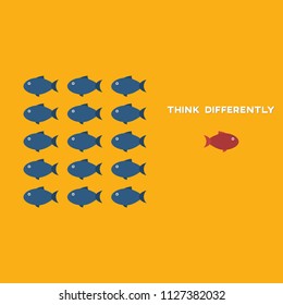 Think differently concept. One red unique different fish swimming opposite way of identical blue ones. Courage, confidence, success, crowd and creativity concept. EPS 10 vector illustration.