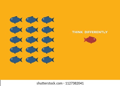 Think differently concept. One red unique different fish swimming opposite way of identical blue ones. Courage, confidence, success, crowd and creativity concept. EPS 10 vector illustration.