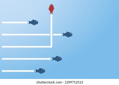 Think differently concept. One red unique different fish swimming opposite way of identical blue ones. Courage, confidence, success, crowd and creativity concept. EPS 10 vector illustration.