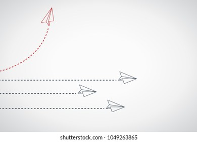 Think differently concept. Red airplane changing direction. Vector illustration