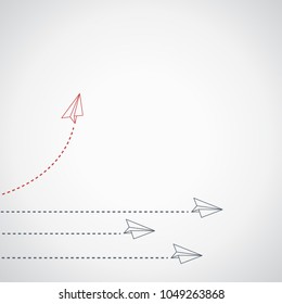 Think differently concept. Red airplane changing direction. Vector illustration