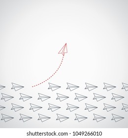 Think differently concept. Red airplane changing direction. Vector illustration