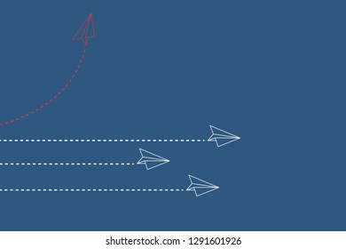 Think differently concept. Red airplane changing direction. Vector illustration 