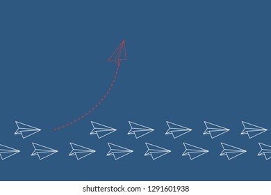 Think differently concept. Red airplane changing direction. Vector illustration 