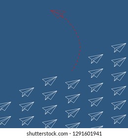 Think differently concept. Red airplane changing direction. Vector illustration 