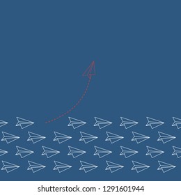 Think differently concept. Red airplane changing direction. Vector illustration 