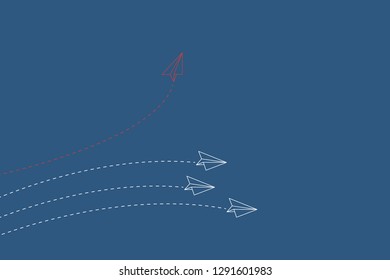 Think differently concept. Red airplane changing direction. Vector illustration 