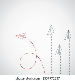 Think differently concept. Red airplane changing direction. New idea, change, trend, courage, creative solution, innovation and unique way concept.