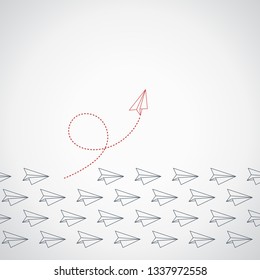 Think differently concept. Red airplane changing direction. New idea, change, trend, courage, creative solution, innovation and unique way concept.