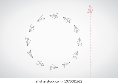 Think differently concept. Red airplane changing direction. Vector illustration 