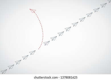 Think differently concept. Red airplane changing direction. Vector illustration 