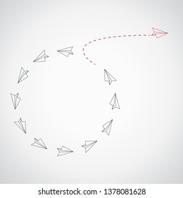 Think differently concept. Red airplane changing direction. Vector illustration 