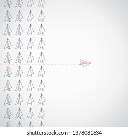 Think differently concept. Red airplane changing direction. Vector illustration 