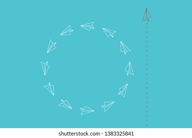 Think differently concept. Red airplane changing direction. Vector illustration 