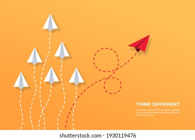 Think differently concept. Red airplane changing direction. Concepts: change, unique, trend, courage, innovation, different.