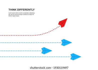 Think differently concept. Red airplane changing direction. Concepts: change, unique, trend, courage, innovation, different.