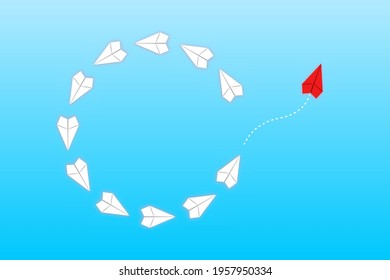 Think differently concept. Red airplane exit formation flying. New idea, change, trend, courage, creative solution, innovation and unique way concept.