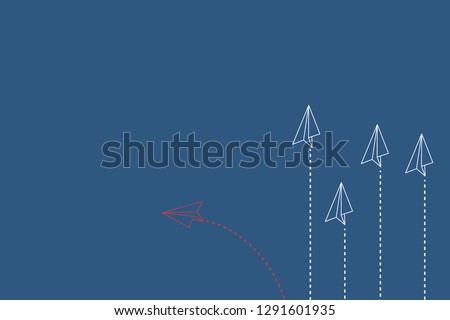 Think differently concept. Red airplane changing direction. Vector illustration 