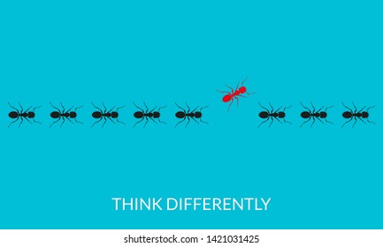 Think differently concept. A red ant going different way from black ants. Changing direction, different, unique, leadership, new idea, innovation, be yourself business metaphor. Vector illustration.