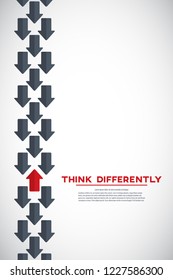 Think differently concept. Red arrow changing direction. New idea, change, trend, courage, creative solution, innovation and unique way concept.