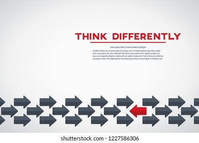 Think differently concept. Red arrow changing direction. New idea, change, trend, courage, creative solution, innovation and unique way concept.