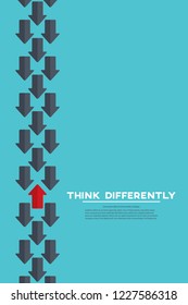 Think differently concept. Red arrow changing direction. New idea, change, trend, courage, creative solution, innovation and unique way concept.
