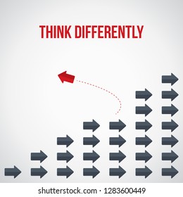 Think differently concept. Red arrow changing direction. New idea, change, trend, courage, creative solution, innovation and unique way concept.