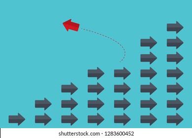 Think differently concept. Red arrow changing direction. New idea, change, trend, courage, creative solution, innovation and unique way concept.