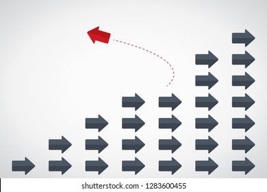 Think differently concept. Red arrow changing direction. New idea, change, trend, courage, creative solution, innovation and unique way concept.