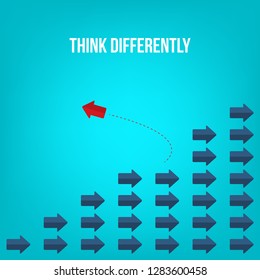Think differently concept. Red arrow changing direction. New idea, change, trend, courage, creative solution, innovation and unique way concept.