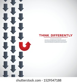 Think differently concept. Red arrow changing direction. New idea, change, trend, courage, creative solution, innovation and unique way concept.