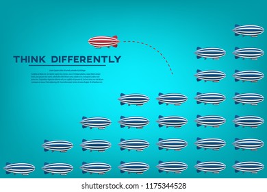 Think differently concept. Red blimp changing direction. New idea, change, trend, courage, creative solution, innovation and unique way concept. Vector illustration
