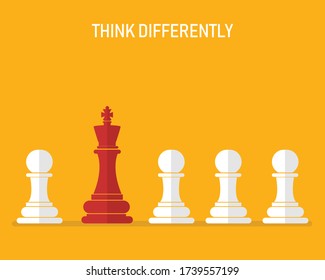 think differently concept. red chess standing out from the crowd. vector illustration in flat design. isolated on yellow background. symbol of uniqueness, innovation and creativity.