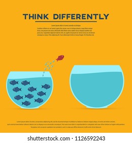 Think differently concept. Red fish jumping outside the aquarium into biger one. New idea, change, trend, courage, creative solution, innovation and unique. Vector illustration. 