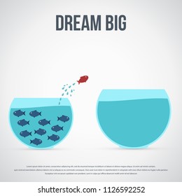 Think differently concept. Red fish jumping outside the aquarium into biger one. New idea, change, trend, courage, creative solution, innovation and unique. Vector illustration. 