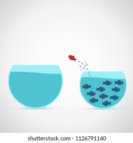 Think differently concept. Red fish jumping outside the aquarium into biger one. New idea, change, trend, courage, creative solution, innovation and unique. Vector illustration. 