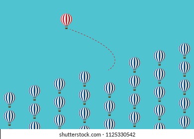 Think differently concept. Red hot air balloon changing direction. New idea, change, trend, courage, creative solution, innovation and unique way concept. Vector illustration