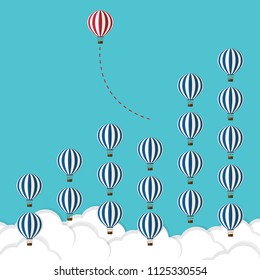 Think differently concept. Red hot air balloon changing direction. New idea, change, trend, courage, creative solution, innovation and unique way concept. Vector illustration
