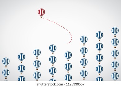 Think differently concept. Red hot air balloon changing direction. New idea, change, trend, courage, creative solution, innovation and unique way concept. Vector illustration