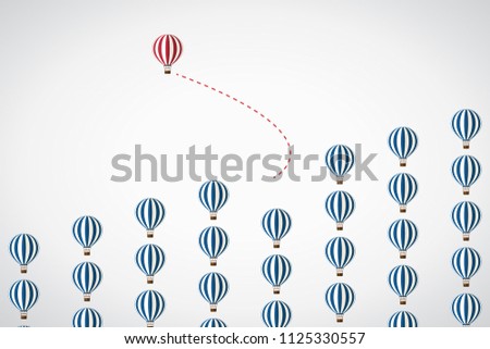 Think differently concept. Red hot air balloon changing direction. New idea, change, trend, courage, creative solution, innovation and unique way concept. Vector illustration