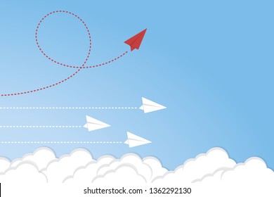 Think differently concept. Red paper plane changing direction. Vector illustration 