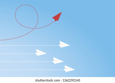 Think differently concept. Red paper plane changing direction. Vector illustration 