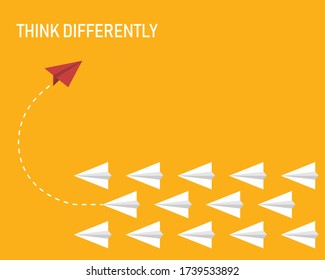 Think differently concept. Red paper plane changing direction from white. new ideas for successful solutions. vector illustration in flat design. Stand out from the crowd.