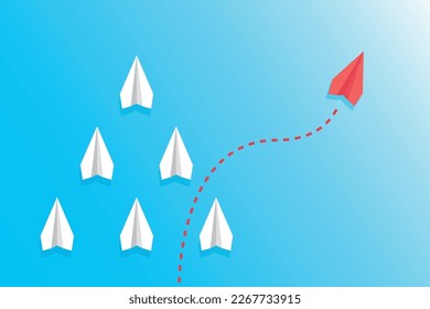 Think differently concept. Red paper airplane changing direction.