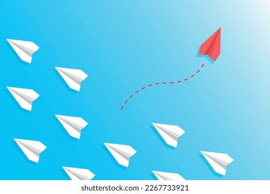 Think differently concept. Red paper airplane changing direction.