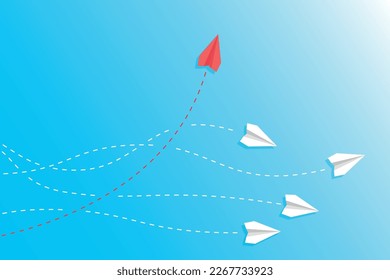 Think differently concept. Red paper airplane changing direction.