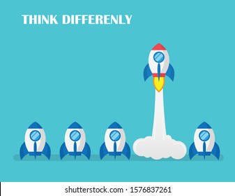 Think differently concept. Red rocket different. Innovation and unique method concepts. New creative concepts and solutions. Vector illustration in flat design.