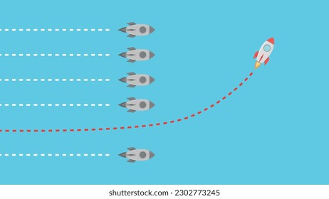 Think differently concept. Red rocketship changing direction. leadership, lead, leading, change route, think differently, strategy.