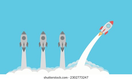 Think differently concept. Red rocketship changing direction. leadership, lead, leading, change route, think differently, strategy.